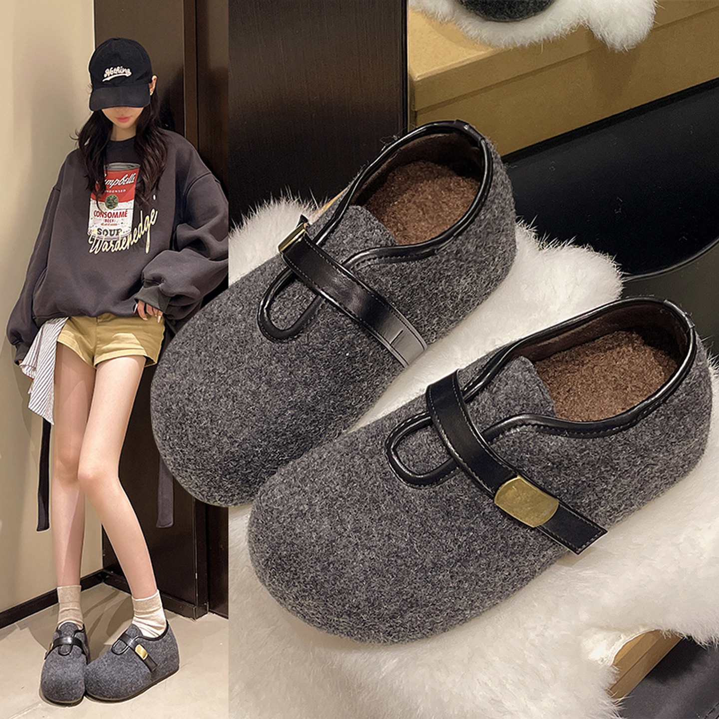 厚底内增高毛呢勃肯鞋加绒棉鞋