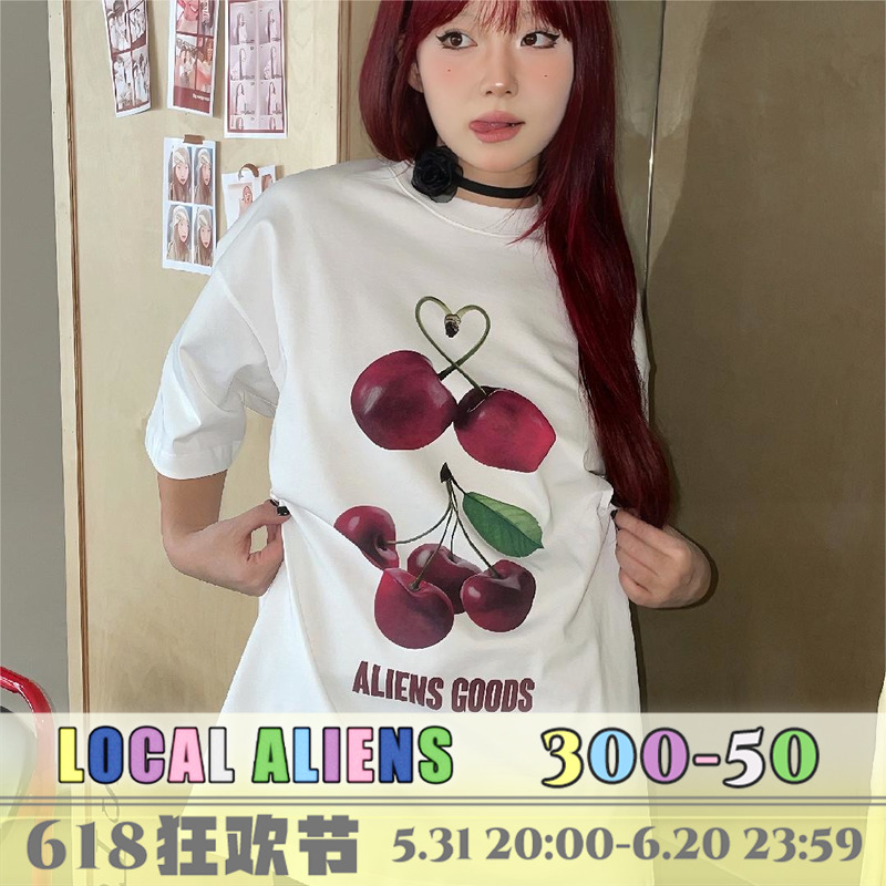 local aliens外星沙龙[cherry]春日少女短袖樱桃印花宽松t恤半袖