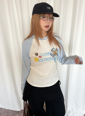 local aliens外星沙龙复古胸花印花长袖T恤撞色条纹修身打底衫