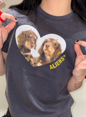local aliens外星沙龙美式复古腊肠小狗印花正肩短袖水洗做旧t恤