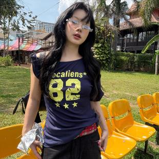 显瘦辣妹女 local aliens外星沙龙美式 复古斜肩短袖 不规则露肩修身