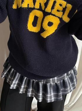 local aliens外星沙龙新款格子屁帘A字型叠穿双层式系带半身裙帘