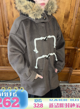 local aliens外星沙龙美式复古中长款牛角扣呢子大衣韩系毛领外套