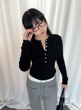 local aliens外星沙龙美式复古亨利领针织长袖修身显瘦简约打底衫