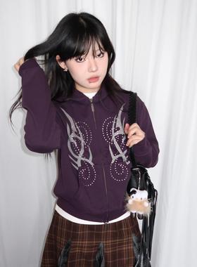 local aliens外星沙龙美式复古烫钻连帽拉链卫衣宽松休闲短外套