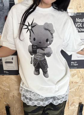 local aliens外星沙龙美式复古kitty猫印花短袖圆领宽松休闲t恤
