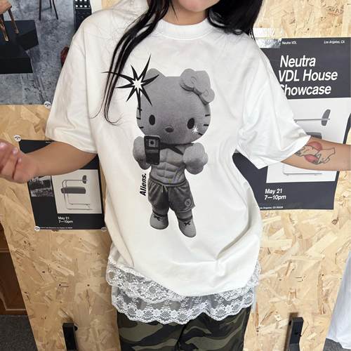 local aliens外星沙龙美式复古kitty猫印花短袖圆领宽松休闲t恤