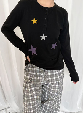 local aliens外星沙龙美式复古贴布星星亨利领长袖T恤打底上衣