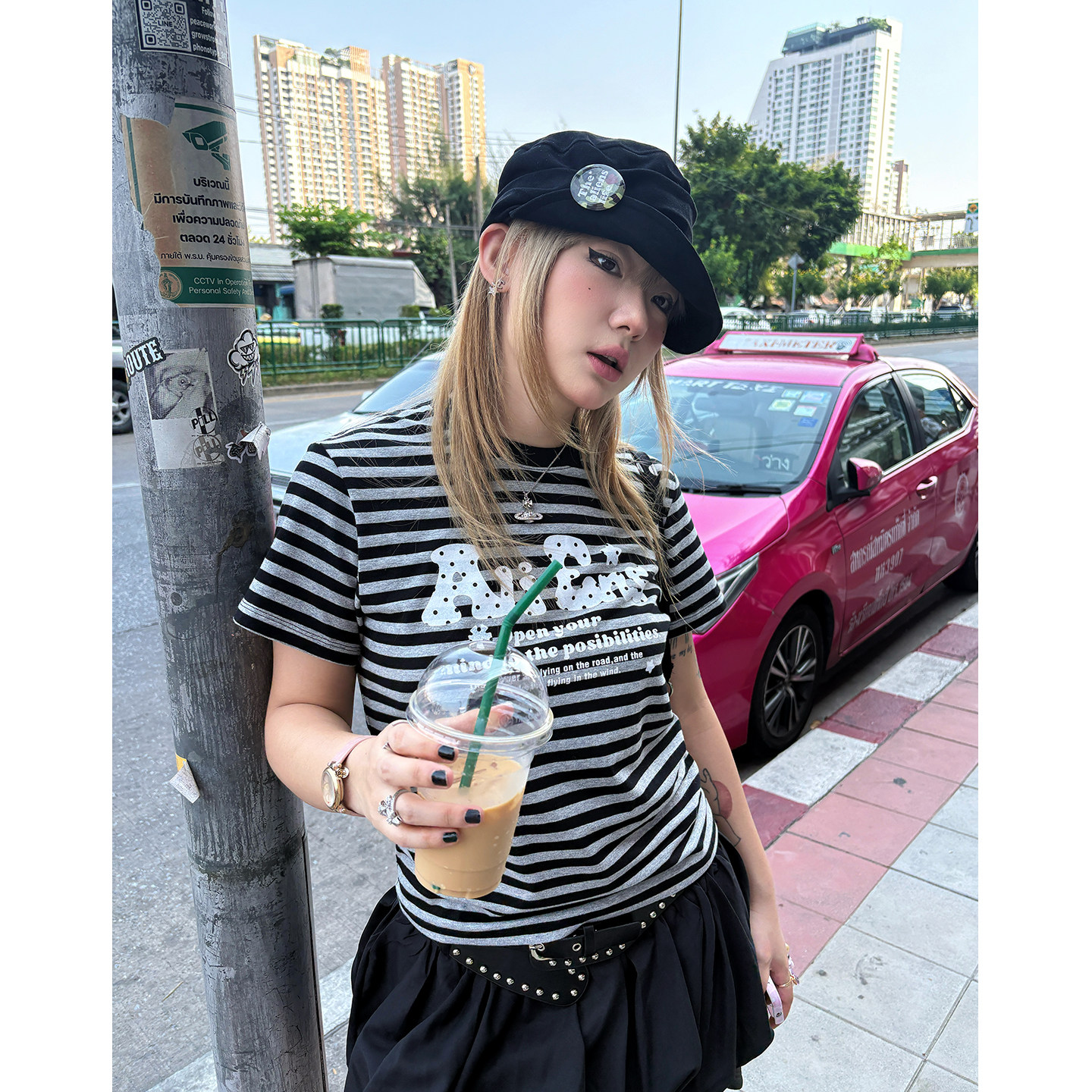 local aliens外星沙龙美式复古条纹撞色字母印花短袖波点正肩t恤