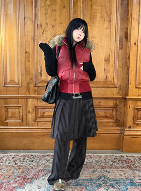 local aliens外星沙龙美式复古加厚大毛领棉马甲可拆卸叠穿外套