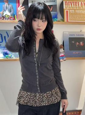 local aliens外星沙龙美式复古铆钉灰色针织开衫圆领正肩毛衣外套