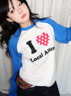 local aliens外星沙龙美式复古波点爱心插肩长袖T恤撞色百搭上衣