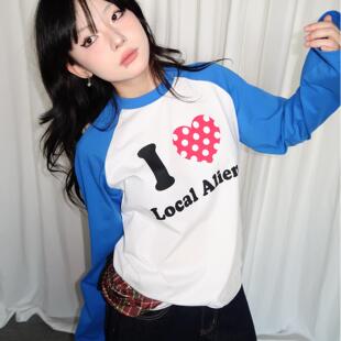 T恤撞色百搭上衣 复古波点爱心插肩长袖 local aliens外星沙龙美式