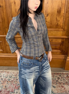 local aliens外星沙龙美式复古格子修身长袖衬衫正肩收腰辣妹上衣