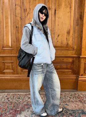 local aliens外星沙龙美式复古水洗做旧猫须阔腿牛仔裤宽松长裤