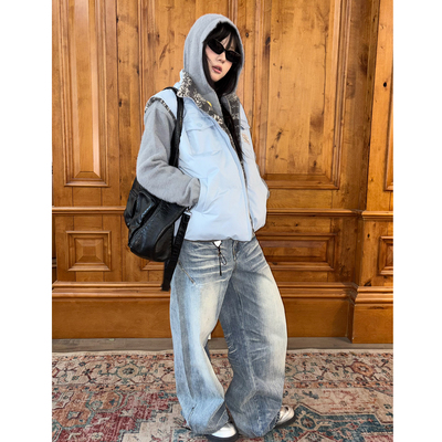 水洗做旧猫须阔腿牛仔裤宽松长裤