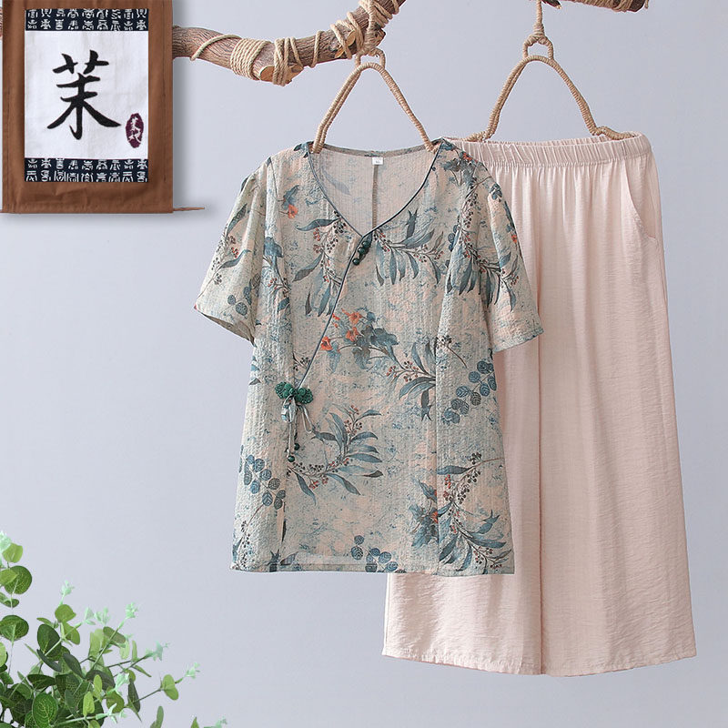 妈妈夏装棉麻短袖T恤阔腿裤套装新款时尚中老年女减龄休闲两件套