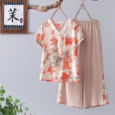 妈妈夏装气质雪纺套装