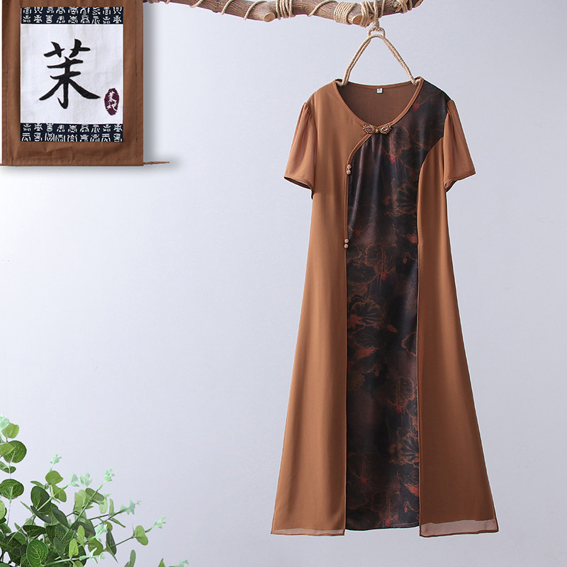 妈妈夏装新款盘扣短袖连衣裙中国风40岁50中老年女士气质雪纺裙子