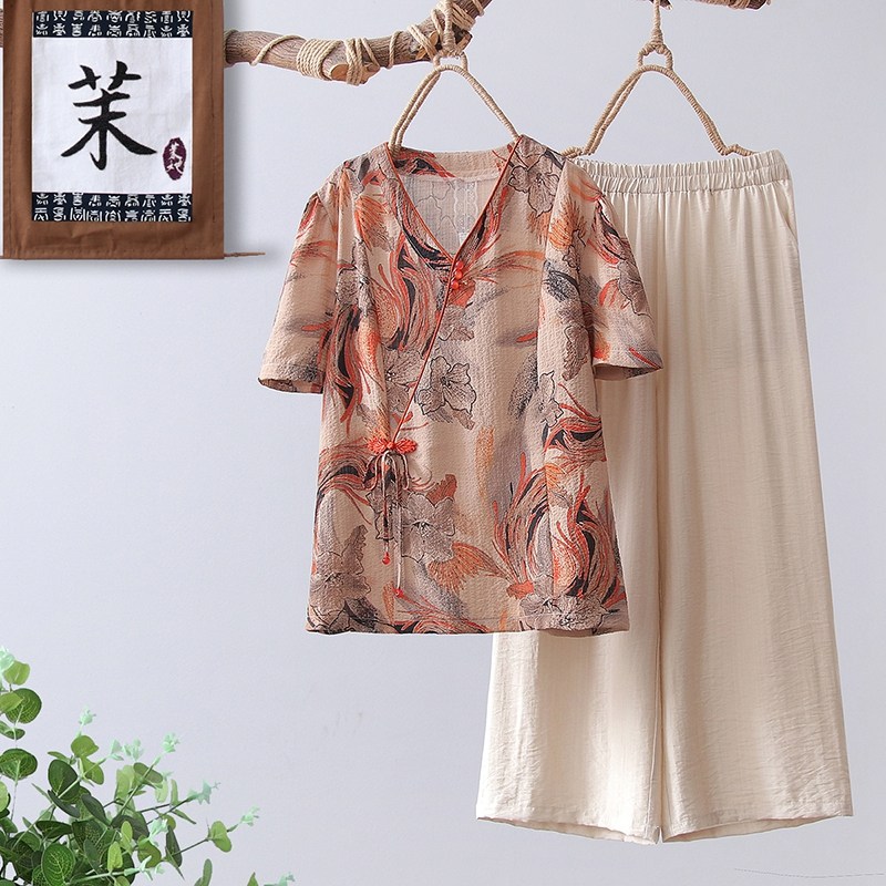 妈妈夏装洋气印花小衫两件套中老年妇女夏季新款短袖T恤棉麻套装