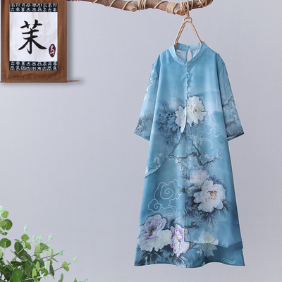 妈妈夏装中国风雪纺连衣裙