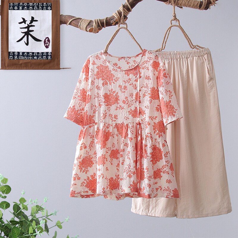 妈妈夏装洋气套装薄款碎花上衣中老年妇女气质雪纺短袖T恤两件套