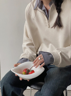 【歌铭】复古拼接格子POLO领假两件套头卫衣女冬季长袖上衣N214B