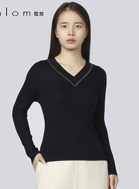 Anlom/娅奴极简风V领针织衫女黑色修身百搭长袖毛衣秋季新款上衣
