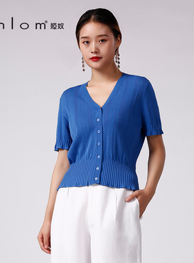 Anlom/娅奴针织开衫薄款女短袖镂空修身女气质V领薄款蓝色上衣夏