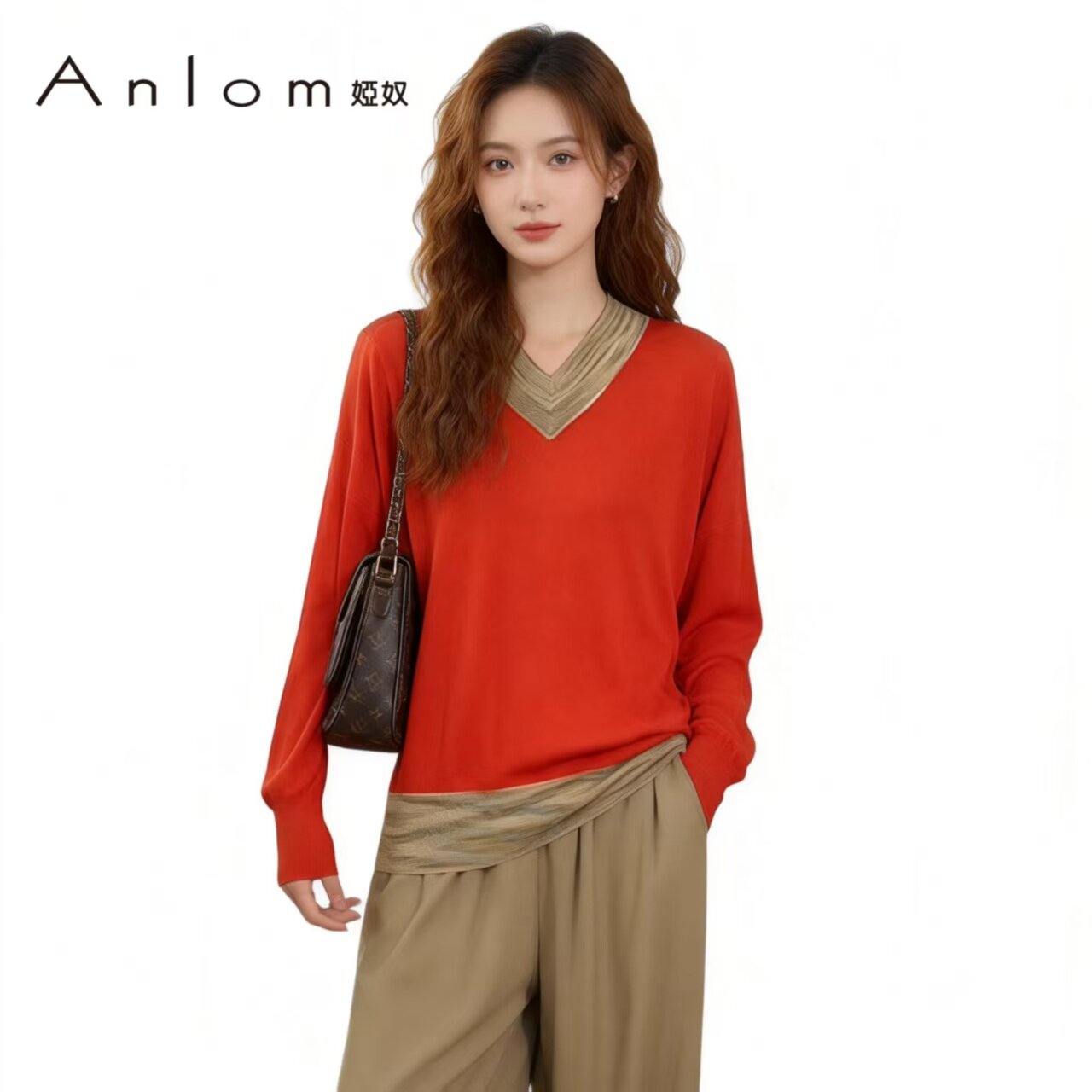 Anlom娅奴桑蚕丝秋季长袖V领长袖套头衫女上衣
