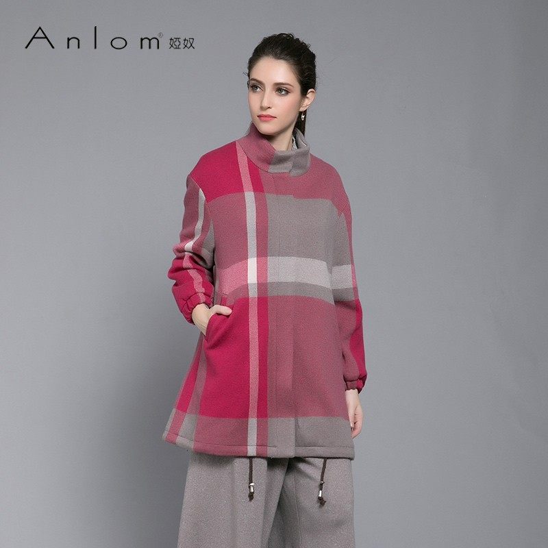Anlom/娅奴冬季新款时尚拼色羊绒大衣女羊毛外套毛呢简约女士大衣