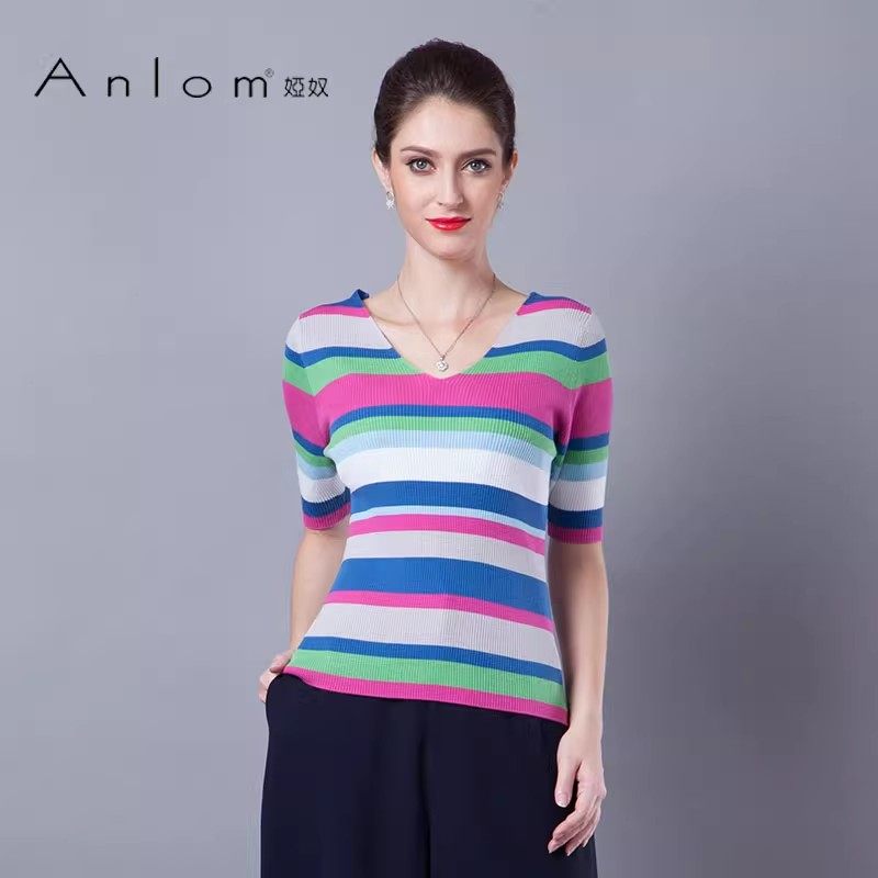 Anlom/娅奴夏季针织衫女上衣新款休闲条纹V领中袖套衫简约修身