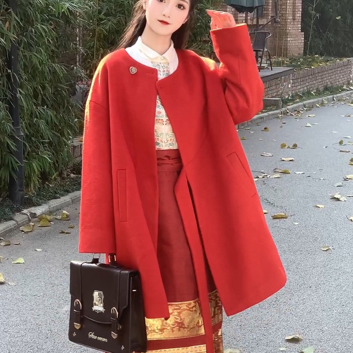 汉墨记原创汉服双色新中式通勤日常改良订婚红色圆领毛呢外套大衣,女装/女士精品,汉服套装,淘宝优惠券,粉丝福利购,淘宝优惠卷