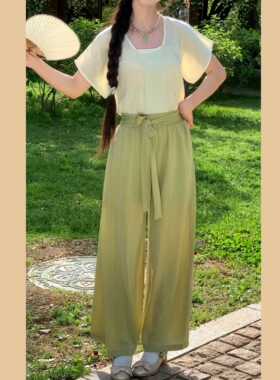 汉墨记唐垂领褙子半袖汉服改良汉元素阔腿裤宋裤日常通勤夏套装女