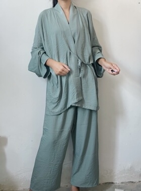 汉墨记原创汉服男款家居服对角穿长袖套装改良汉元素纯色睡衣成人