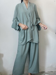 汉墨记原创汉服男款家居服对角穿长袖套装改良汉元素纯色睡衣成人