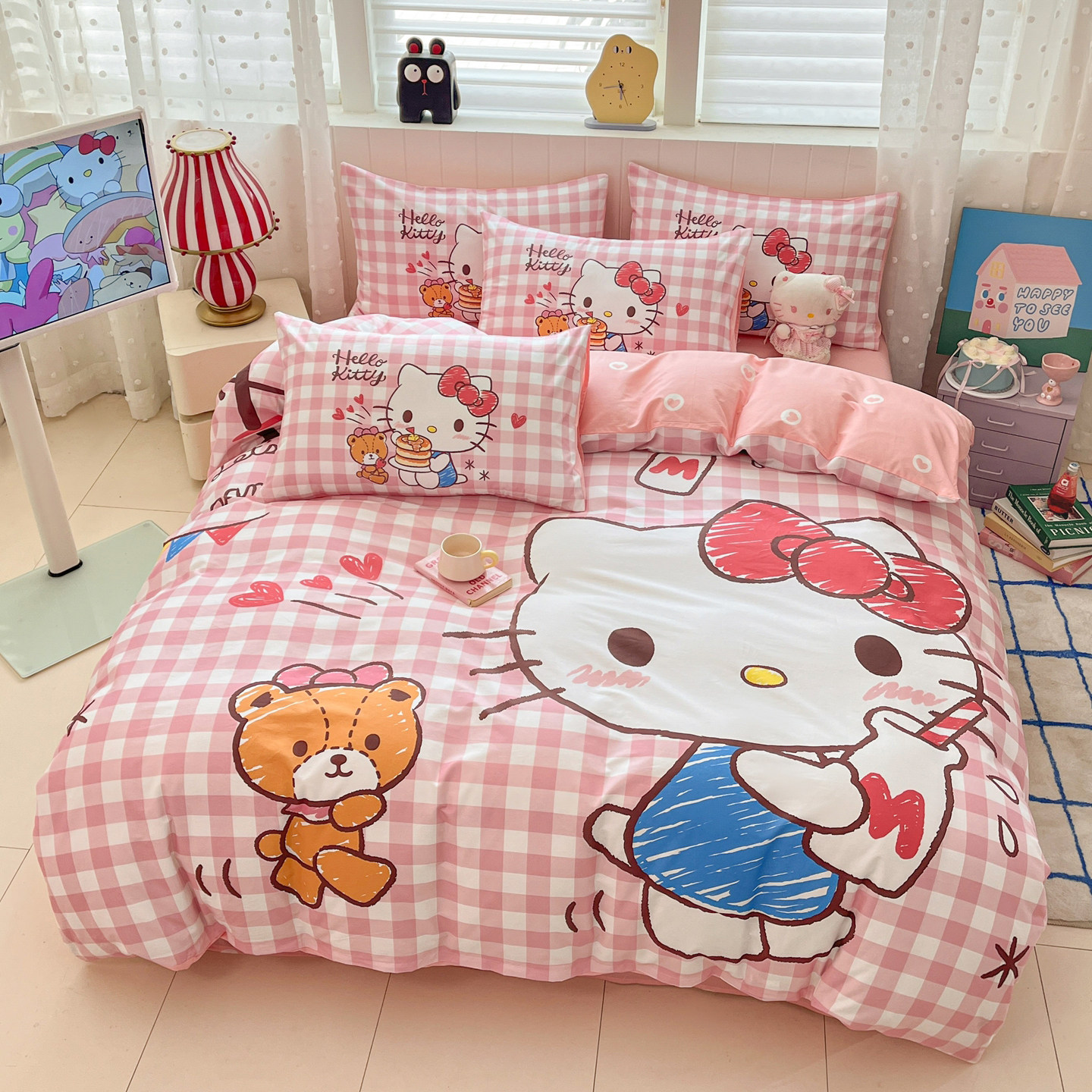hellokitty女孩纯棉被套单件儿童被罩KT猫卡通全棉被单人床三件套