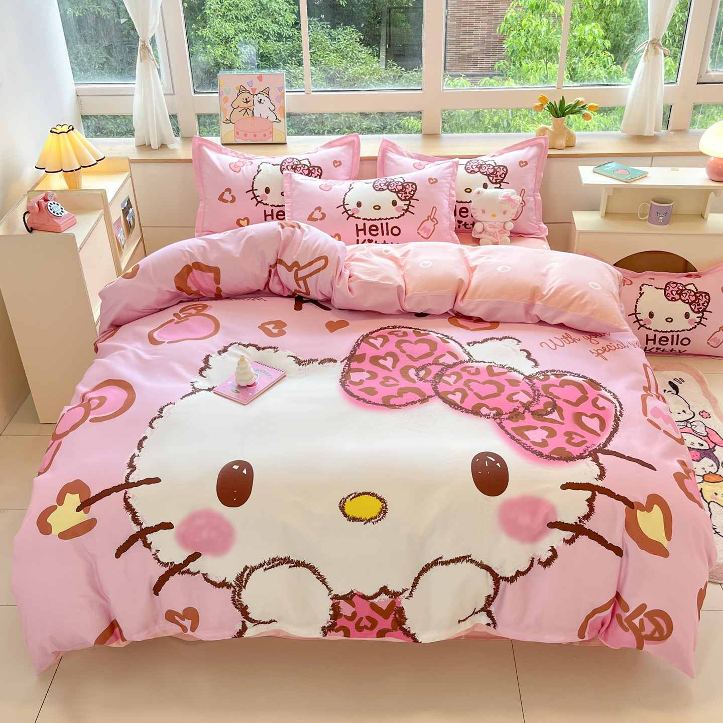 HelloKitty卡通纯棉全棉四件套kt猫儿童床上凯蒂猫床单被套三件套