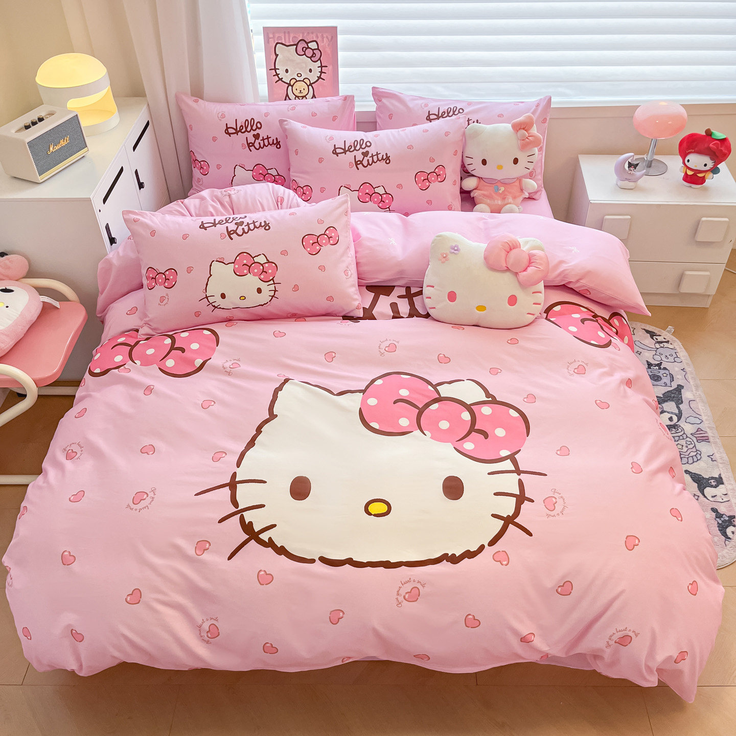 hellokitty纯棉四件套儿童KT猫三件套卡通床单床笠女孩凯蒂猫被套