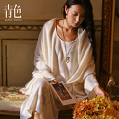 青色家居服慵懒舒适羊绒衫 秋鸿印花羊绒开衫 女100%山羊绒