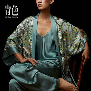 青色atelierintimo很高兴认识你 中长睡袍 洛神桑蚕丝薄款