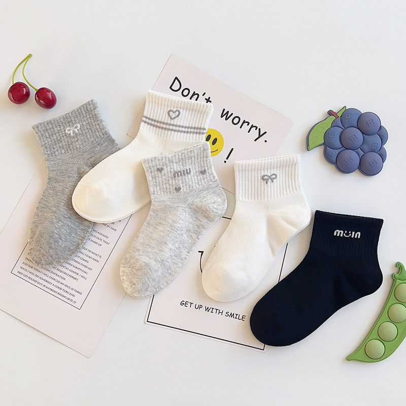 爱嘀嗒儿童袜子春夏季薄款网面精梳棉韩版甜美蝴蝶结爱心女宝短袜