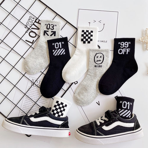 儿童袜子春秋季韩版黑白灰带字母