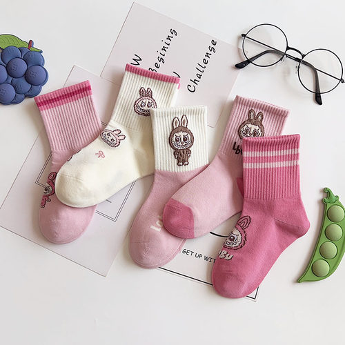 儿童袜子秋冬季卡通可爱女宝拉布布粉色甜美精梳棉透气中高筒潮袜