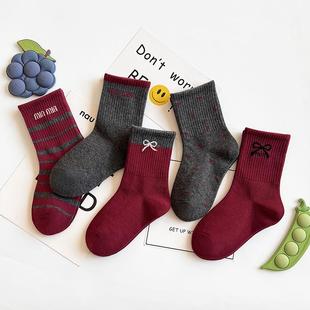 安可拉红儿童袜子秋冬季网红ins潮条纹字母灰色男女童中高筒棉袜