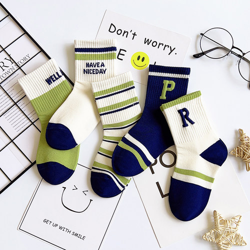 韩版复古色条纹字母中筒儿童袜