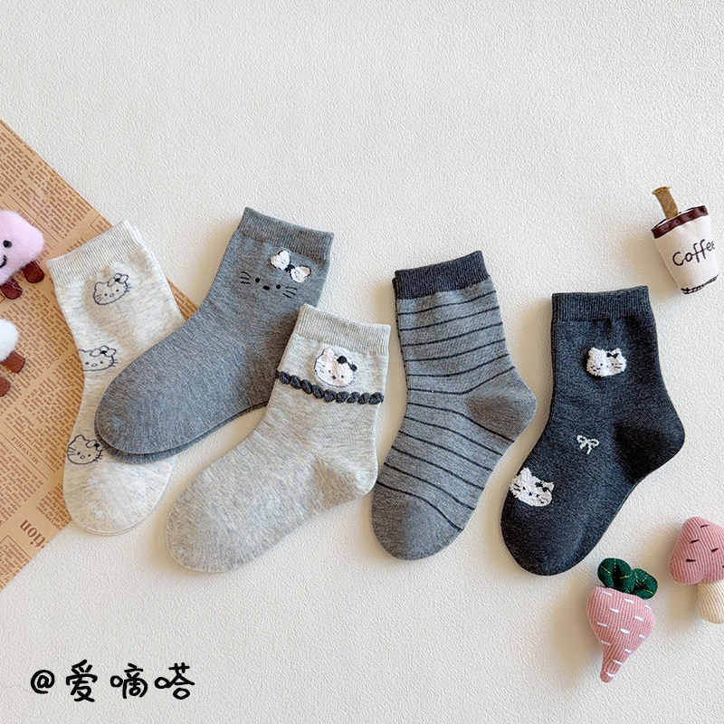 爱嘀嗒儿童袜子秋冬季精梳棉韩版卡通可爱猫咪女宝时尚百搭中筒袜