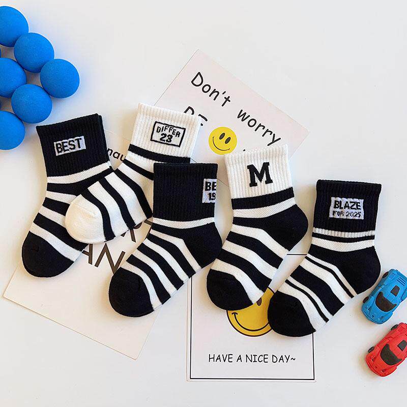 爱嘀嗒儿童袜子春季薄棉网眼透气黑白条纹男女童学生运动中高筒袜