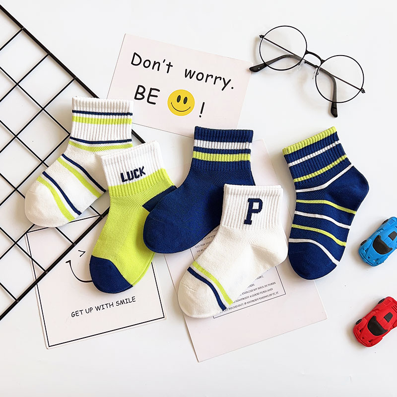 儿童袜子春夏季薄款网眼透气吸汗精梳棉复古色字母男女童宝宝短袜