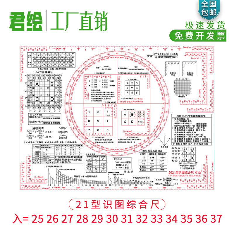 TQ-13C综合地形学尺地形学指挥尺组合式识图用图作业尺指挥尺作图工具地理地图1：5万坐标尺标图作业尺子